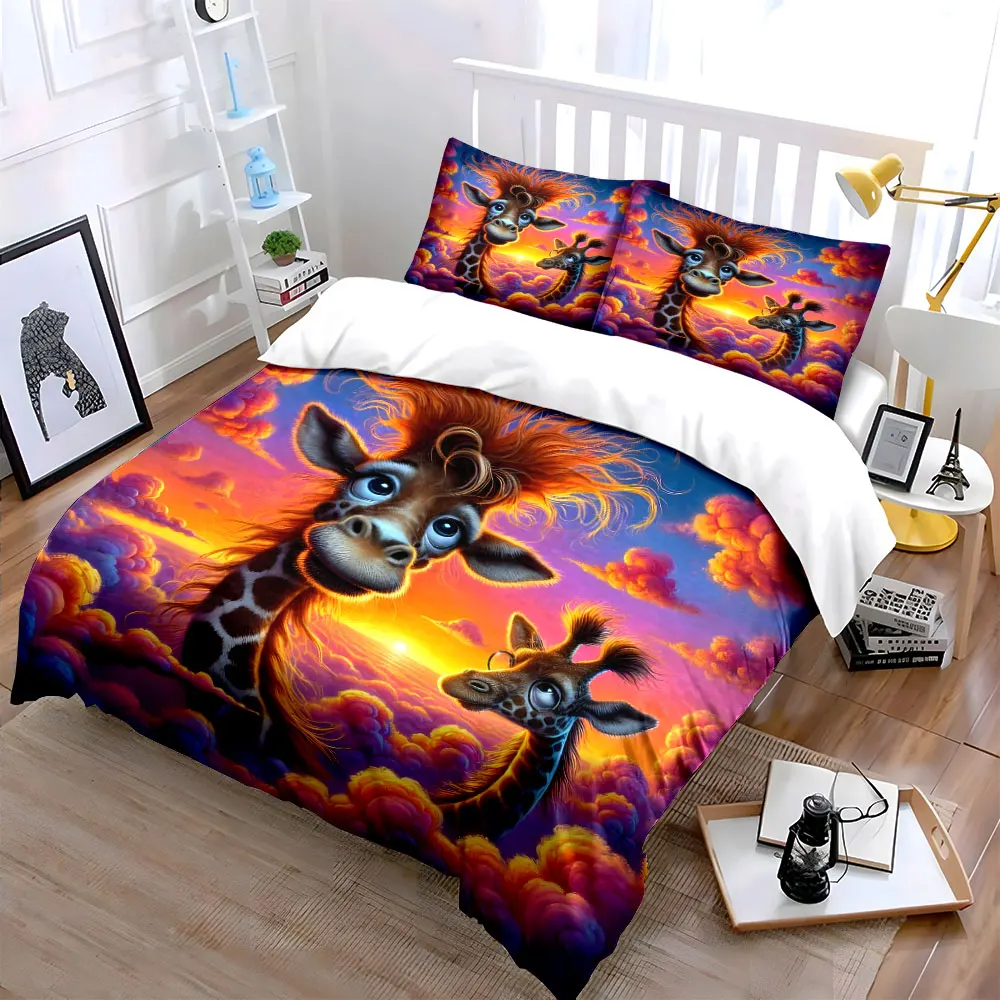 Giraffes in colorful clouds at sunset Duvet Cover Set with 3D Printing Design Soft Polyester Bedding Set All-Season Comfort