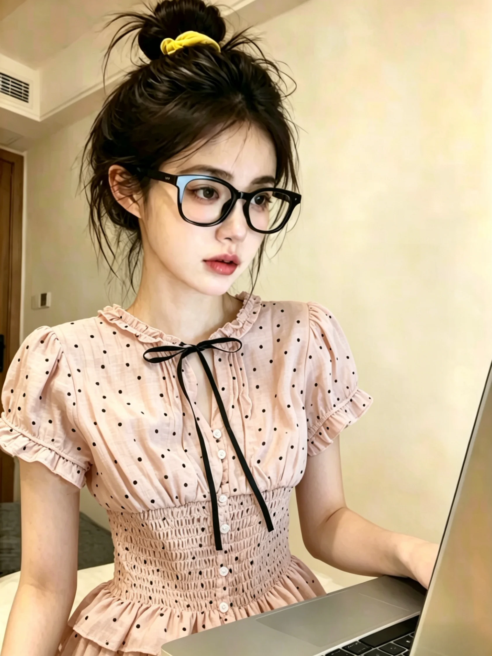 

Sweet Style Polka Dot Bubble Sleeve Shirt Women's Summer New Self-Preservation Model Beautiful Waist-Cinching Top