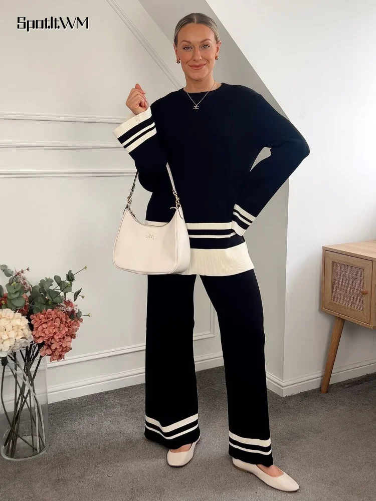 

Fashion Contrasting Stripes Print Knitted Pants Suits Elegant Women O Neck Long Sleeve Top Wide Leg Pants Set Casual Lady Outfit