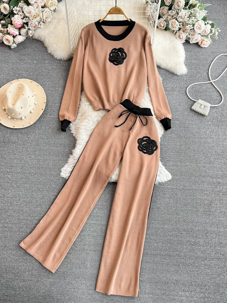 Women\'s Knitted Sets Tracksuit Pants Suits Autumn New Long Sleeve Flower Pullover Sweater + Wide Leg Pants Casual Two-piece Sets