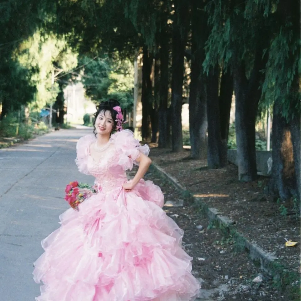 Retro Dream 1980s Vintage Wedding Dress China Hong Kong Style Pink Puffed Sleeve Skirt Lovely