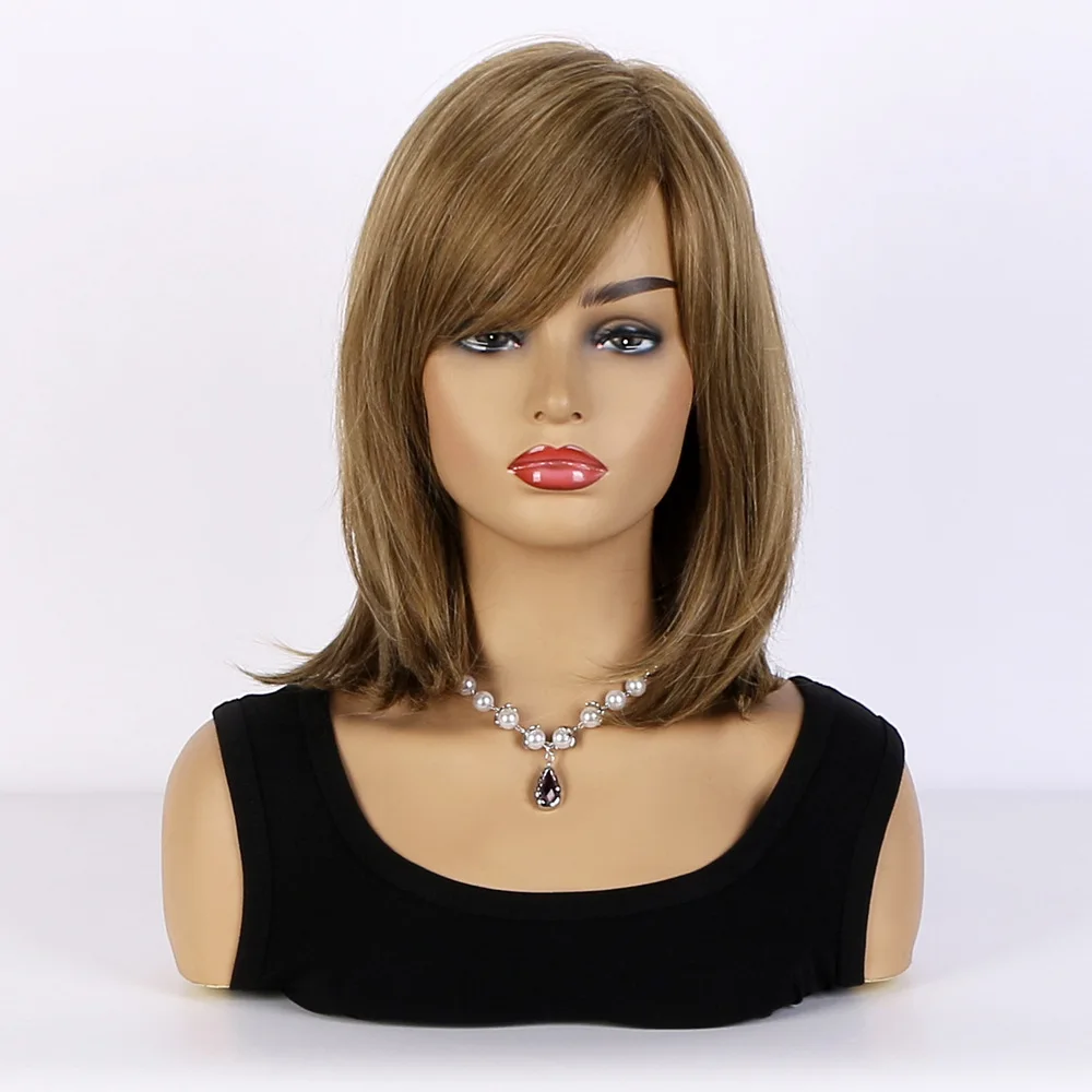 Mixed Brown Short Straight Wigs for Women Shoulder Length Layered Synthetic Hair Wig with Bangs Natural Fluffy Daily