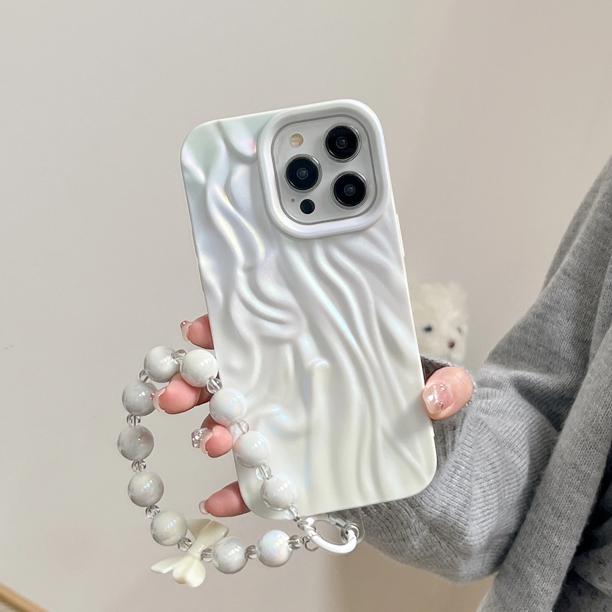 Stylish water print white pleated frosted case for iPhone 11 12 13 14 15 Plus Pro Max all-Inclusive simple phone case