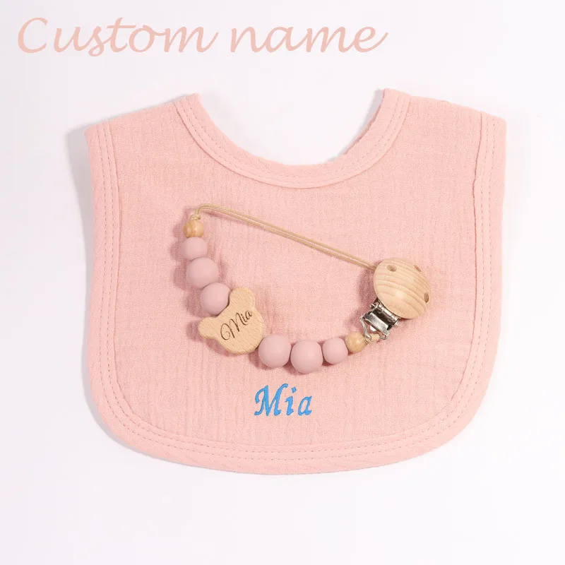 Personalised Baby Bibs and Pacifier Chain Set Custom Embroidery Name Cotton Infant Saliva Towel Bib Baptism Baby Shower Gifts