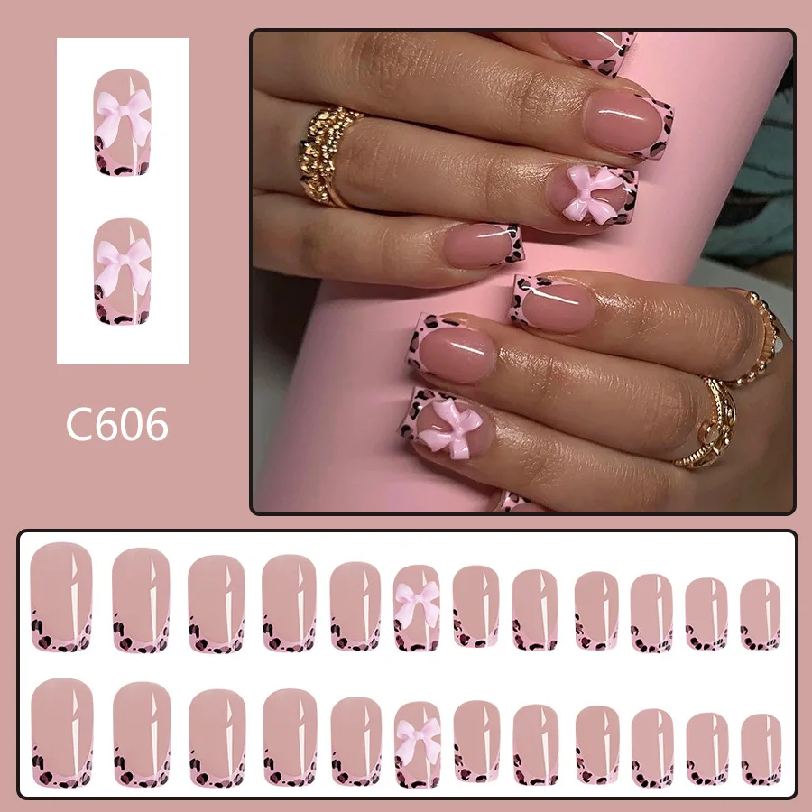 Unhas quadradas curtas com estampa de leopardo rosa, 3D Kitty Bow acentos, capa completa Press-on Nail Kit para mulheres e meninas, 24 peças