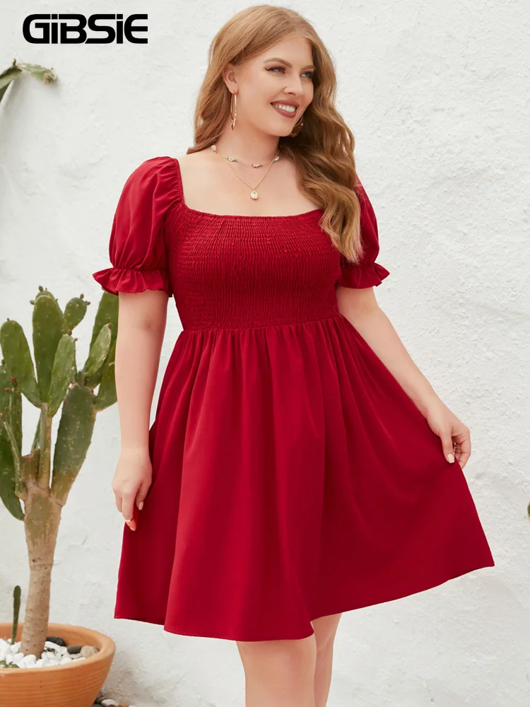 GIBSIE Plus Size Square Neck Shirred Puff Sleeve Dress Women 2023 Summer High Waist Sweet Casual Holiday A-line Short Dresses