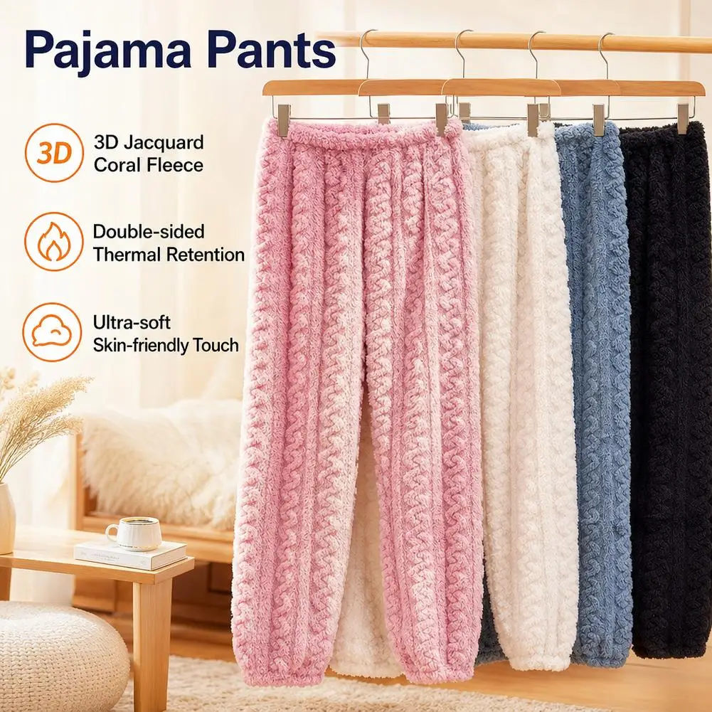 Jacquard Coral Fleece Pajama Pants For Women Autumn Winter Thickened Sleep Pants Loungewear Loose Couple Casual