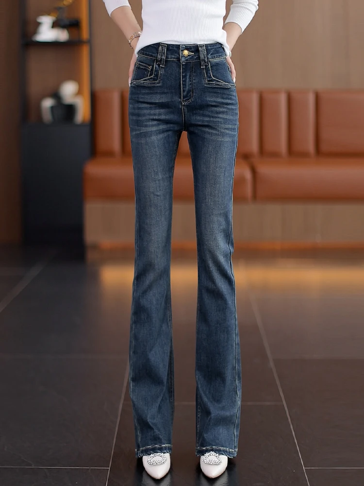 

High Waist Slim Fit Bell Bottom Jeans Women's Spring Autumn New Style Retro Stretchy Slimming Flared Pants Korean Commute Style
