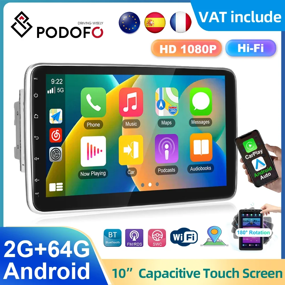 Podofo 2din Android 10inch Car Stereo Radio Vertical Screen Rotation Carplay Android auto GPS Navigation Bluetooth USB Player