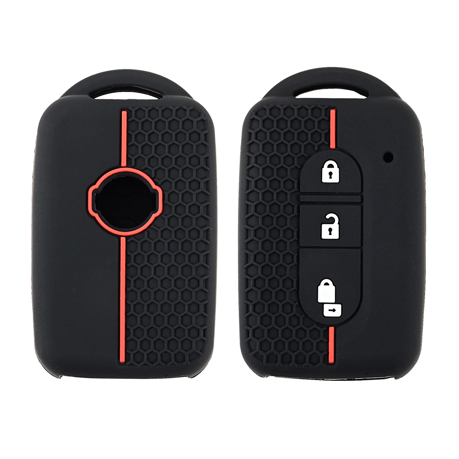 

Чехол для автомобильного ключа, 1 шт., черный с белыми точками и красными линиями, силиконовый чехол для ключей с 2 кнопками, силиконовый чехол для ключей с сотовым узором для Nissan