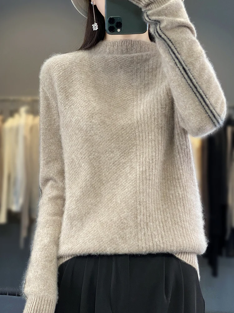 Autumn Winter Women Sweater Mock Neck 100% Merino Wool Solid Basic Pullover Cashmere Knitwear Female Clothing New Fashion Tops