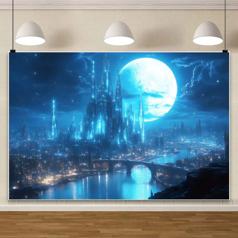 الخيال القمر المشهد خلفية بحيرة الغابات الخيال العلمي مدينة ديكور المراهقين الكبار التصوير استوديو الخيال موضوع الحدث الديكور