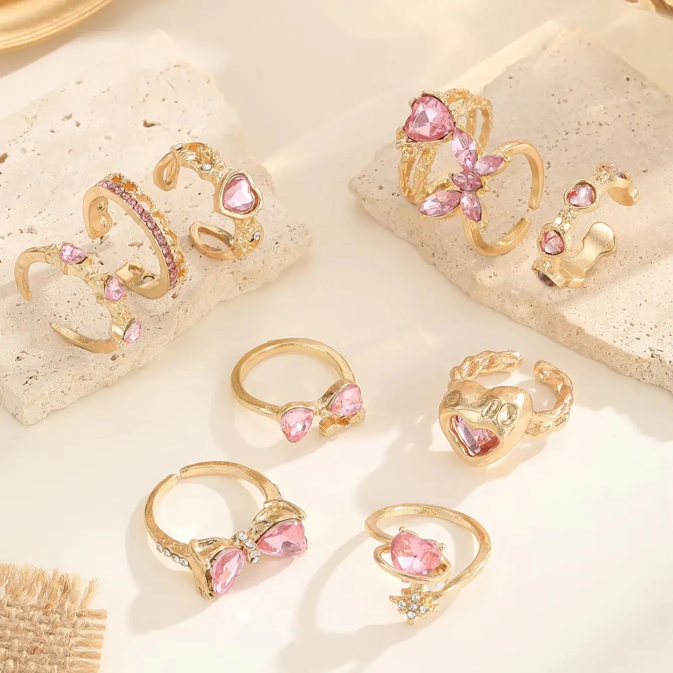 10PCS High-Quality New Sweet Pink Sparkling Rhinestone Women's Ring Set, Gold And Silver Stackable Women's Finger Rings, Suitabl