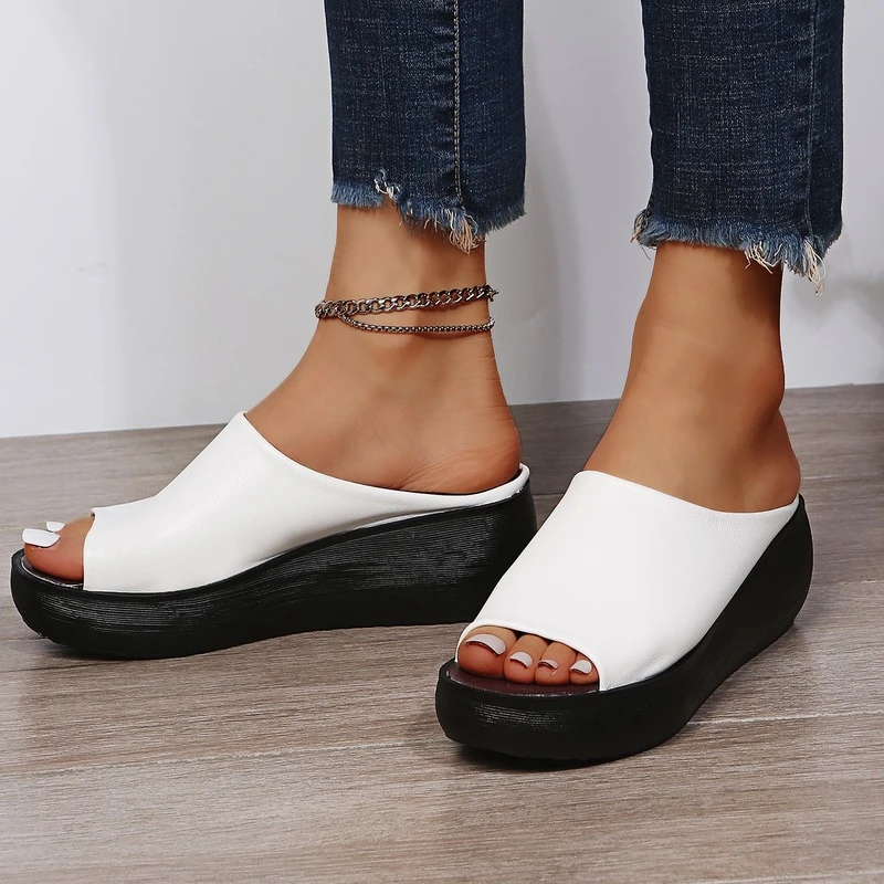 BKQU Summer Ladies Leather Sole Slippers Women Sexy High Heel Mules  Black Peep Toe Platform Mules Emal Slip on Sandals Shoes