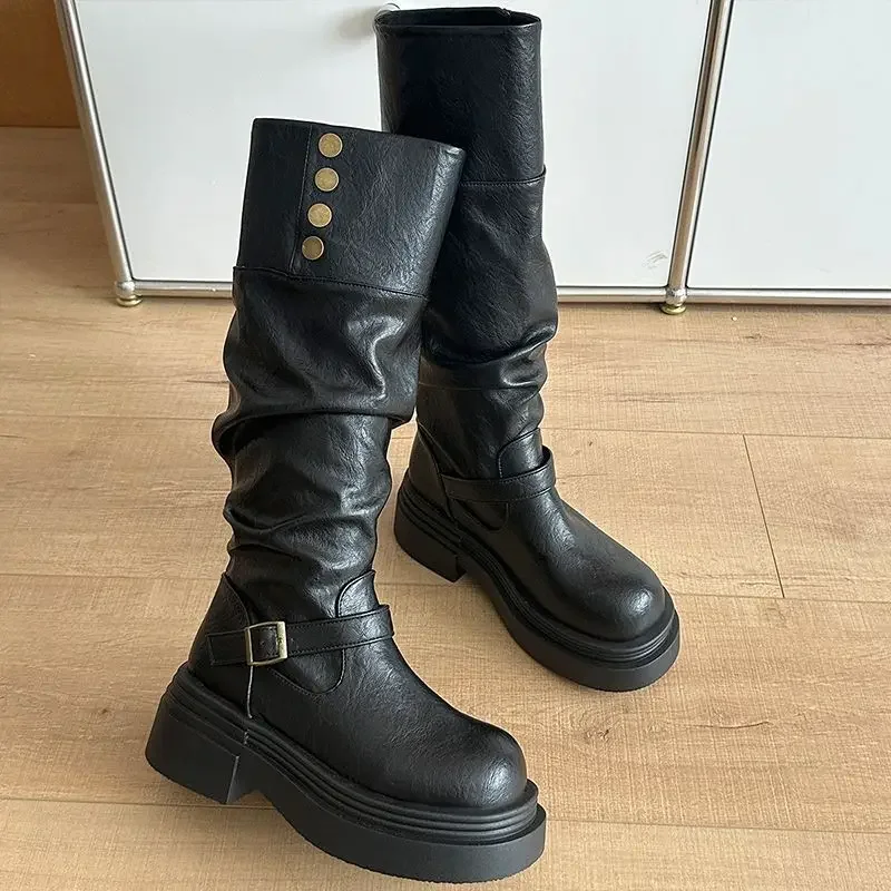 2026 Neue Damen-Overknee-Stiefel, klobige Plateau-Reiterstiefel, Frühling/Herbst, modisches Design mit zweifach faltbarer Manschette – Detail 9