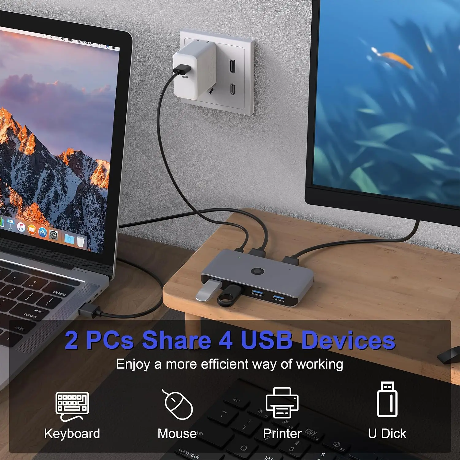 USB 3.0 Switcher Selector 2 Computers Sharing 4 Devices KVM Switch Hub Adapter for Keyboard Mouse Printer for Mac/Windows/Linux view 3