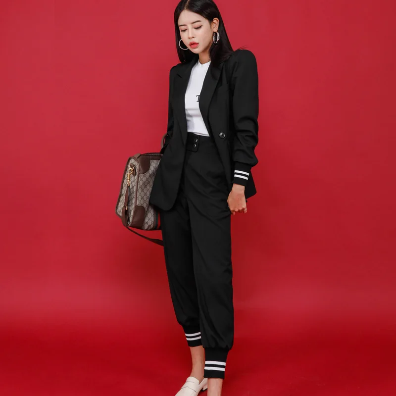 2023 New Fashion Women Pant Suits Long Sleeve Belted Blazer Long Trousers Suit Office Lady Work wear 2 Pieces set Women\'s Set