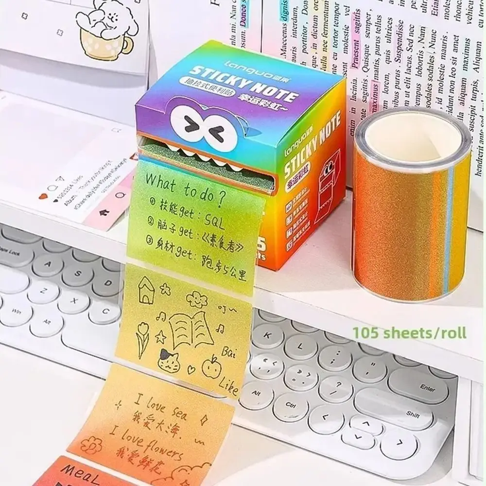 105 hojas de notas adhesivas extraíbles Kawaii, Bloc de notas colorido nacarado creativo, rollo de papel, libretas adhesivas completas de dibujos animados