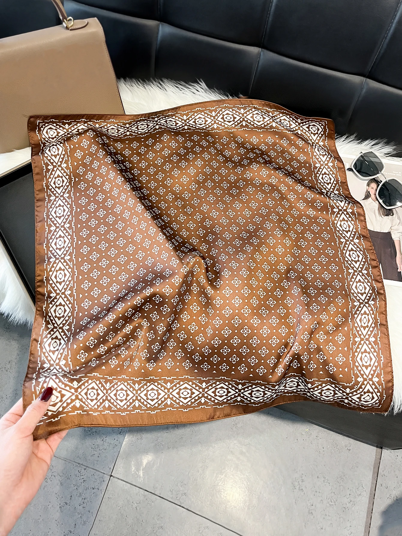 Ethnic Geometric Print Satin Square Scarf 70x70cm, Women Fashion Neck Scarf, Multipurpose Headband Bag Accessory Gift