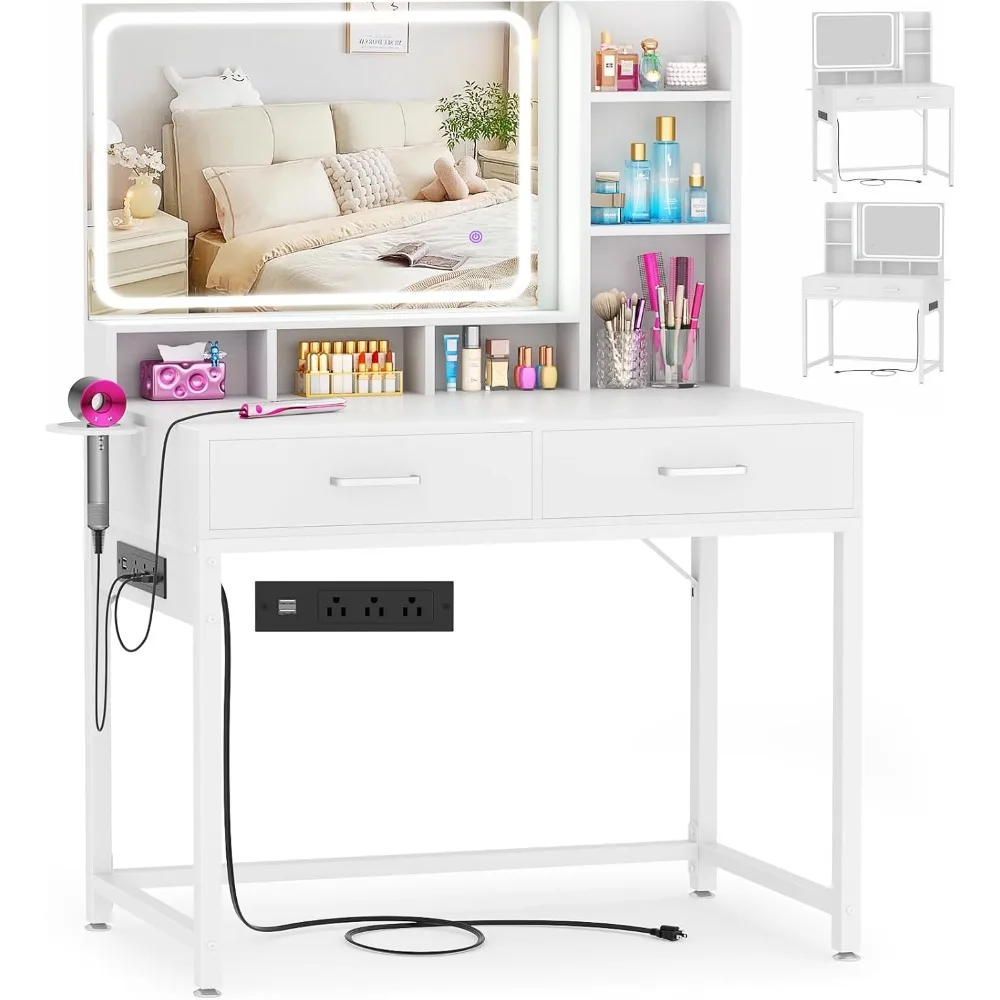 

Small Vanity Desk, Vanity Desk with Mirror and Lights, Makeup Vanity Desks with Power Strip, Table with Drawers and Shelv