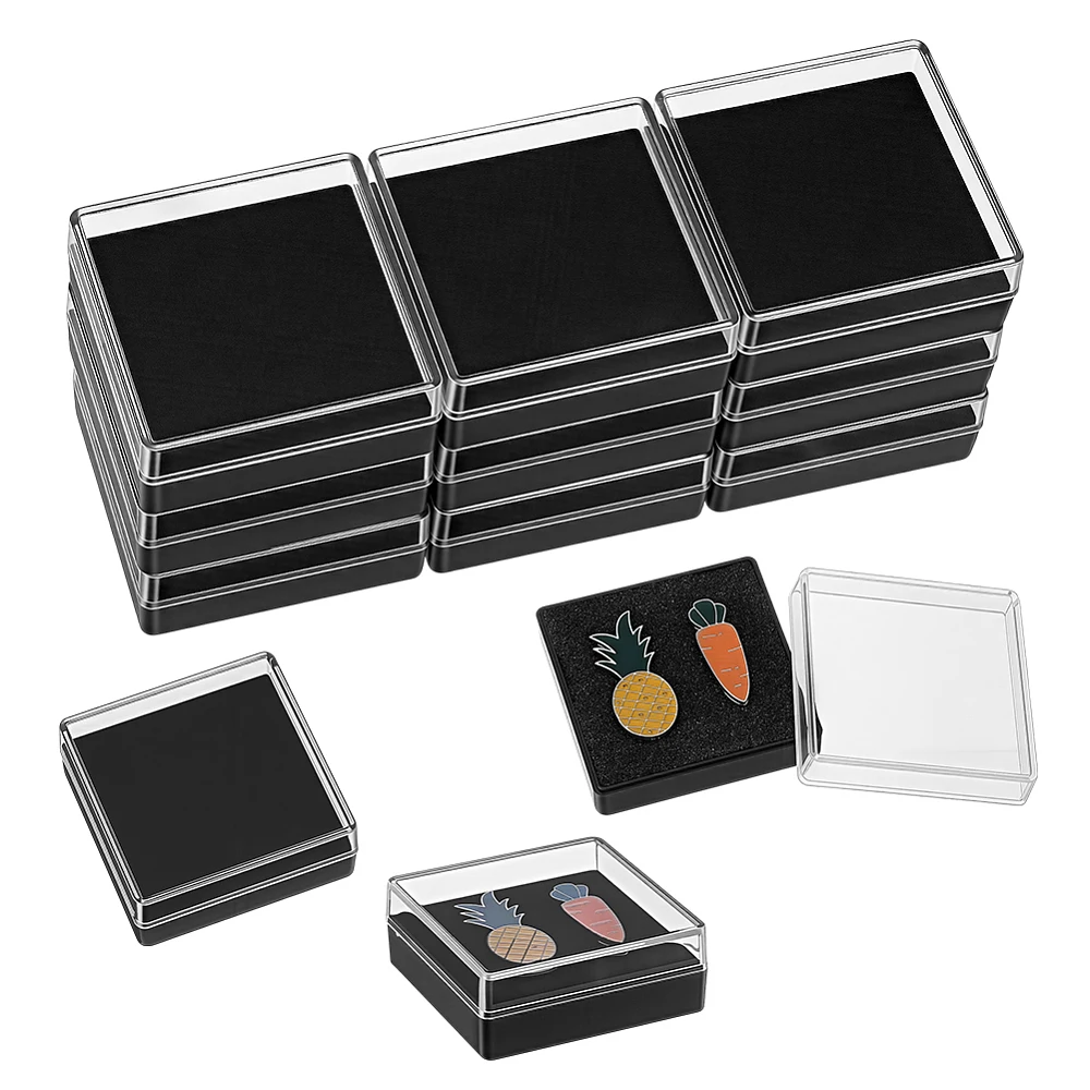 12 Sets Black Plastic Lapel Pin Storage Boxes 2.20×2.20×0.83 Inch Small Presentation Boxes Clear Plastic Gift Box Mini Jewelry