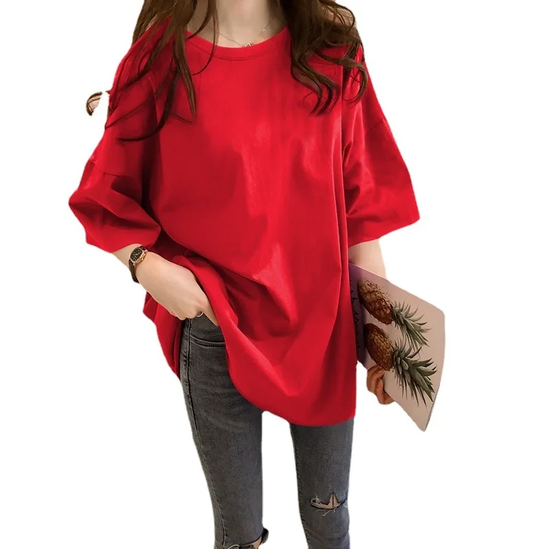 Solid Color T-shirt Women Short Sleeved Loose Medium Length Half Sleeved Upper Garment for Summer
