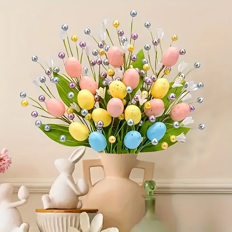 인공 부활절 토끼 꽃다발, 플라스틱 달걀 가지와 컬러 베리, 홈 데코, 거실 테이블탑 꽃꽂이