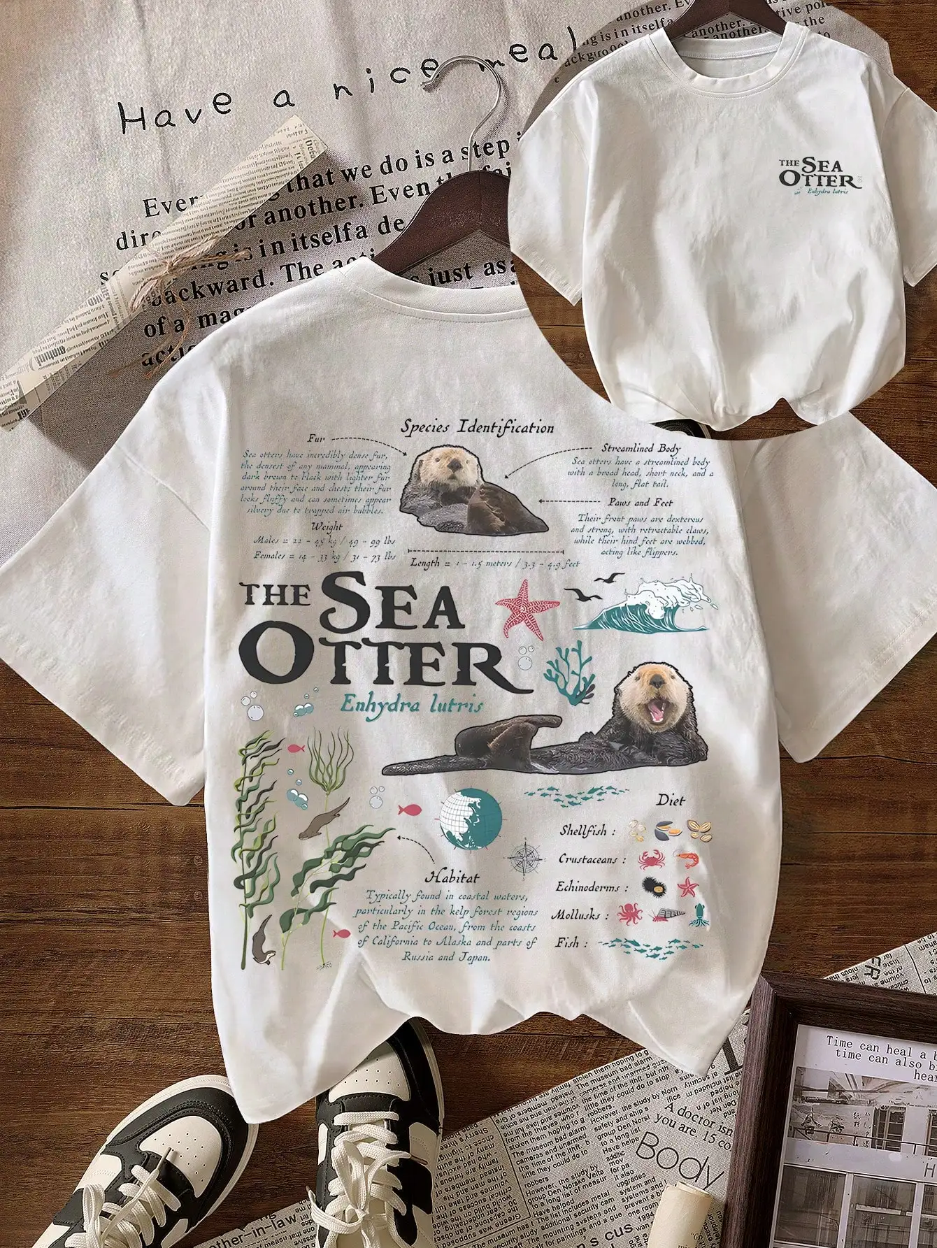 

Винтажная футболка с биологическим рисунком морского енота, повседневная женская футболка с круглым вырезом и короткими рукавами