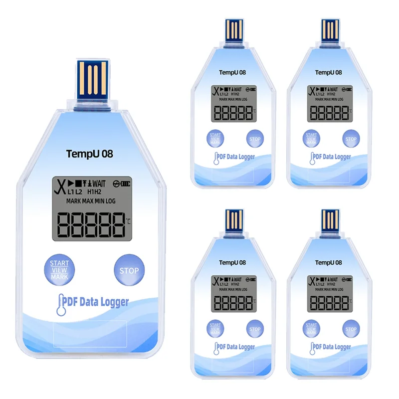 مسجل بيانات درجة الحرارة الرقمي ABKU-USB، IP67 مقاوم للماء، 5 عبوات من جيل تقرير PDF/CSV التلقائي لشاشة السلسلة الباردة