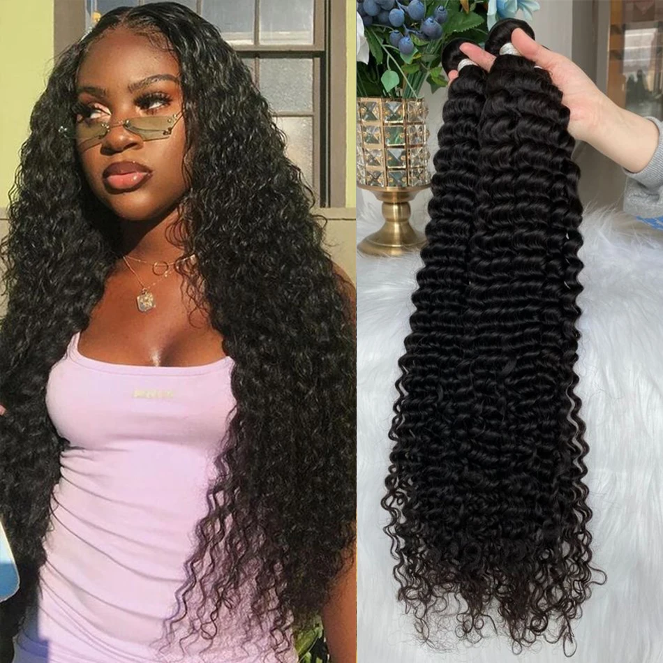 Deep Wave Bundles 1/3/4 Bundles Rey Deep Curly Human Hair Extensions Bundles Natural Hair Water Wave  28 30 Inch For Women