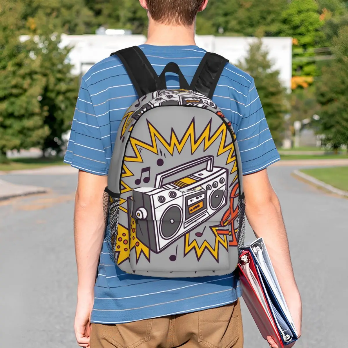 Vintage Grey Cartoon Boombox Backpack Student BookBag Children School Bag Computer Shoulder Bags for Men Women