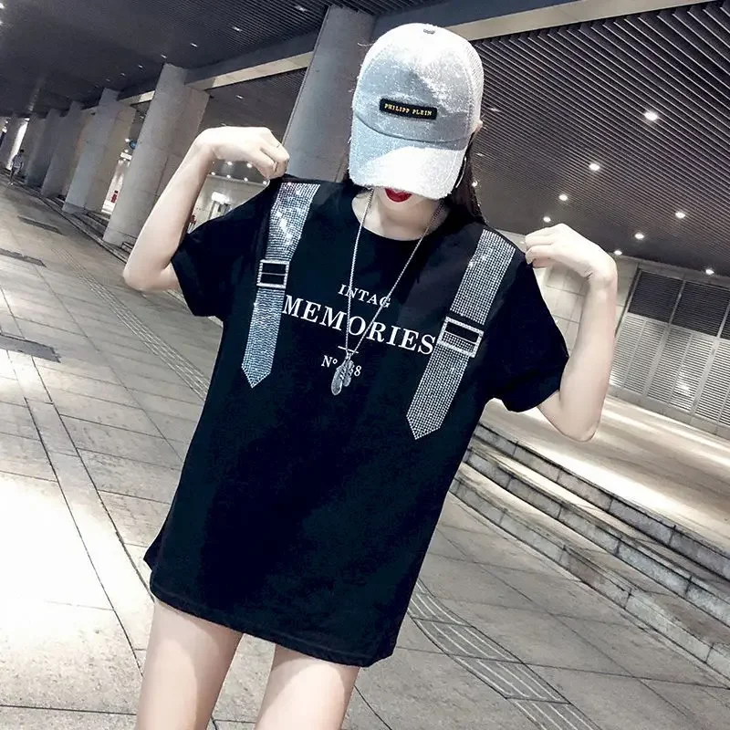 Womens T Shirts Summer Fashion Trend Short Sleeve T-shirt Heavy Industry Hot Drill Loose Mid-length Tops Oversized Tshirts Woman