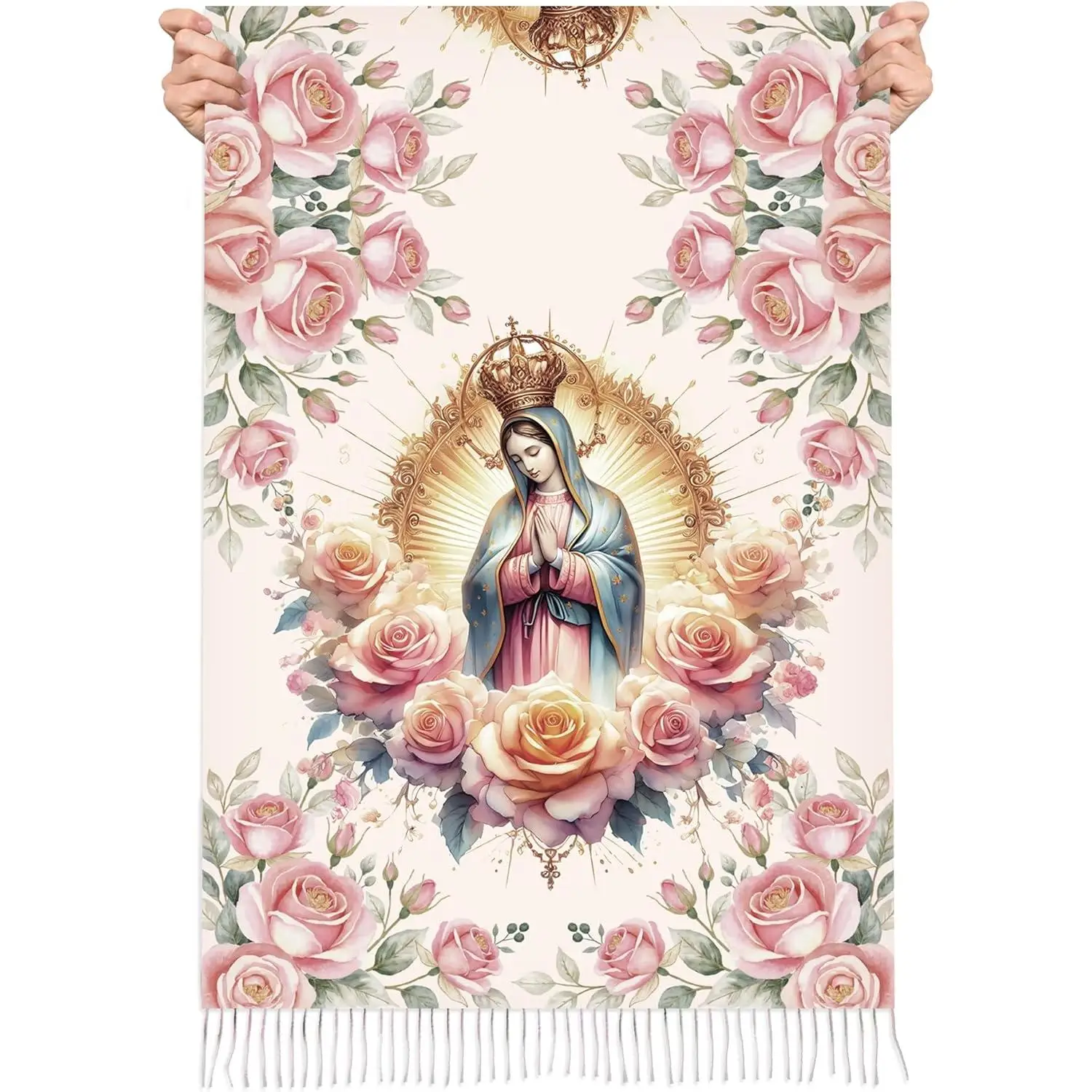 

Шарф-палантин с изображением Девы Гваделупской, католический подарок для женщин, мам, мексиканский шарф из пашмины с изображением Девы Марии (розово-оранжевый)