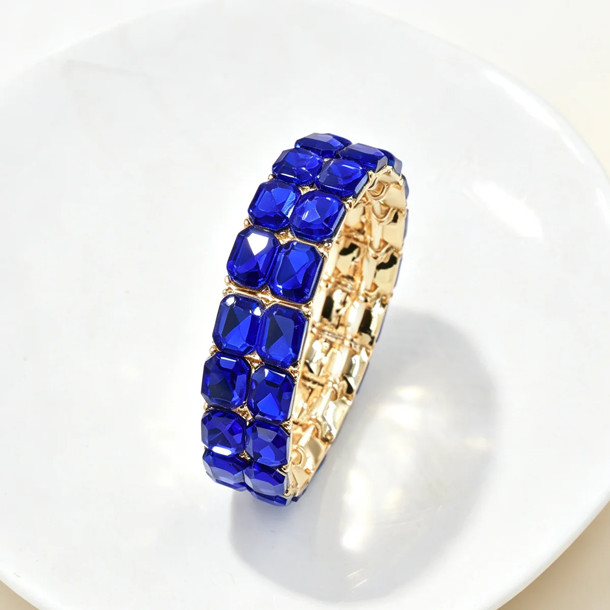 Europäisches und amerikanisches Retro-Doppelreihen-Armband mit geometrischen Formen aus Legierung und Kristallen, elastisch, für Damen, Party, Modeschmuck – Detail 10