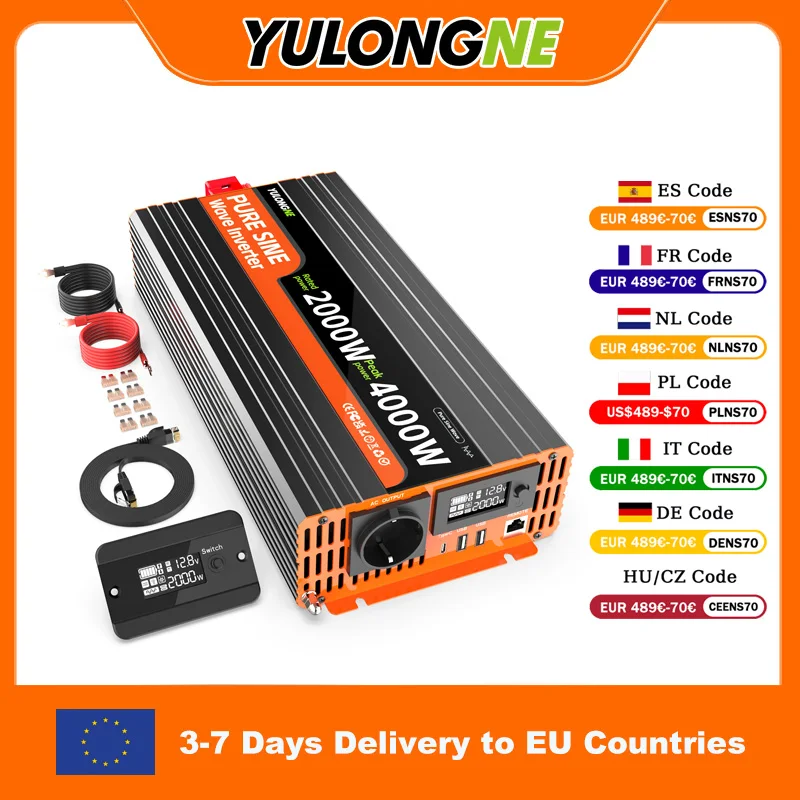 YULONGNE 2000W Reiner Sinus-Wechselrichter, 4000W Spitzenleistung, DC 12V/24V zu AC 230V, EU-Schuko-Steckdose mit USB-Typ-C-Anschluss, kabelgebundene LCD-Fernbedienung, Batteriekabel, Sicherungssatz,