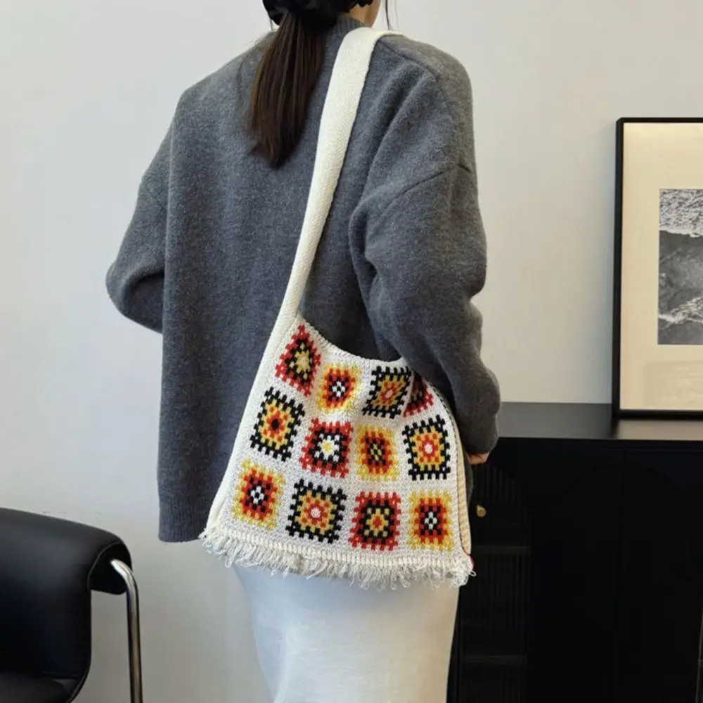 

Tassel Knitting Shoulder Bag Boho Ethnic Style Bohemian Crochet Crossbody Bag Hollow Out Large Capacity Casual Woven Handbag