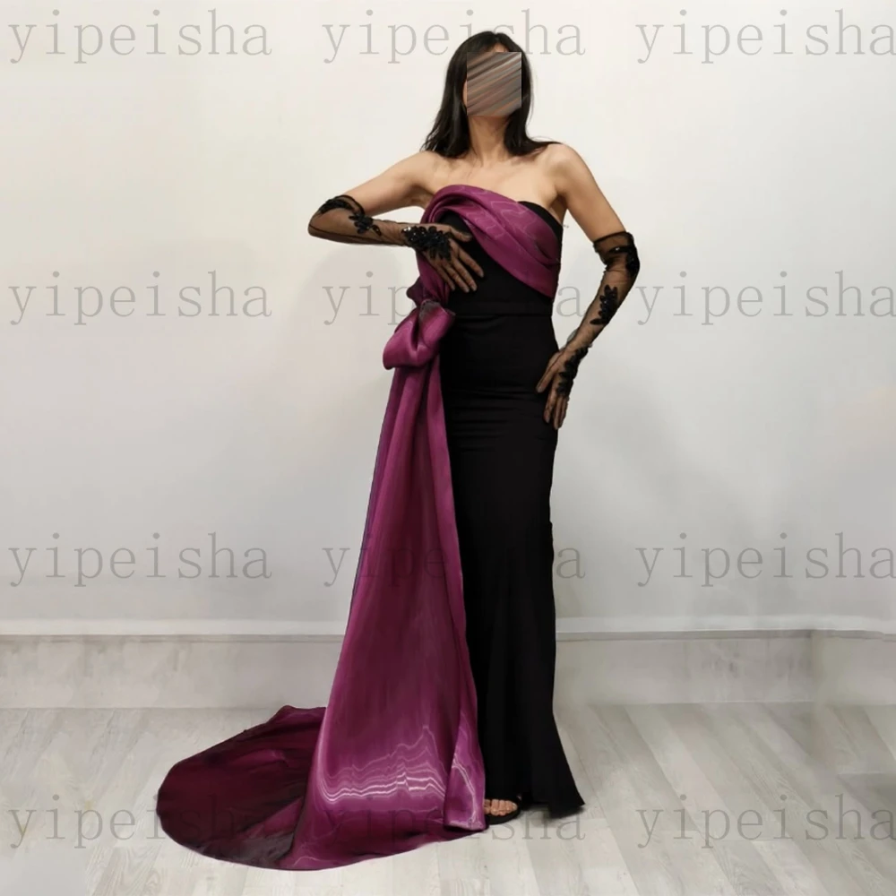 فساتين سهرة مخصصة بدون حمالات بدون ظهر مطوي فيونكة بطول الأرض فستان حفلات حورية البحر فستان حفلات طويل سويب تراين