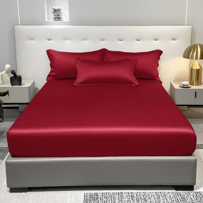 1 Simple Modern Satin Solid Color Fitted Sheet,Wine Red Color Ice Silk Bedspread For Bedroom,Bedding (Excluding Pillowcases)