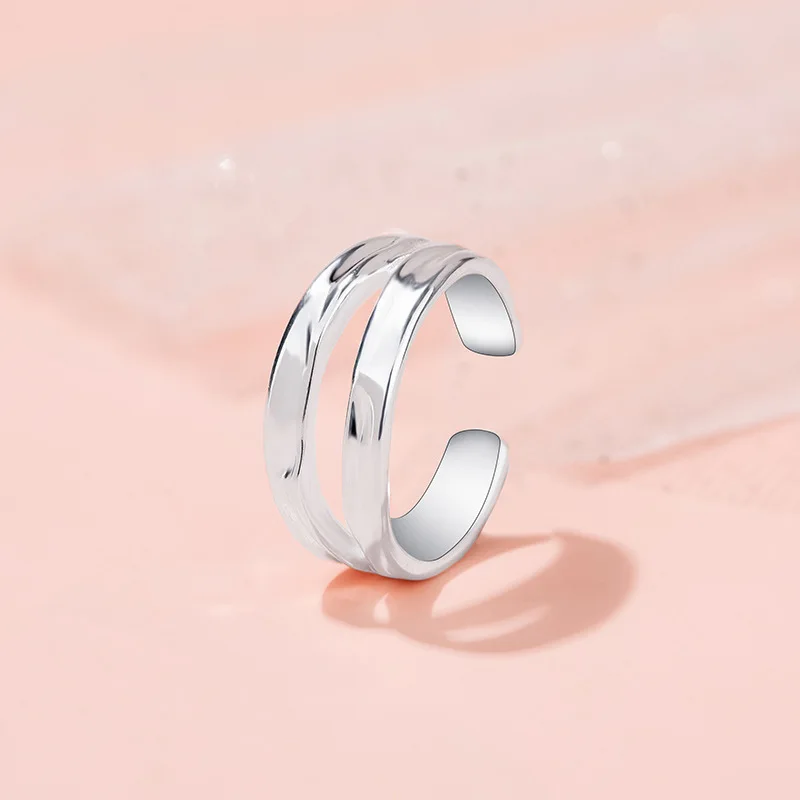 Trendy Charm Sterling Silver Adjustable Irregular Hollowed Wide-faced Water Wave Texture Ring for Women Man Jewelry Accessories