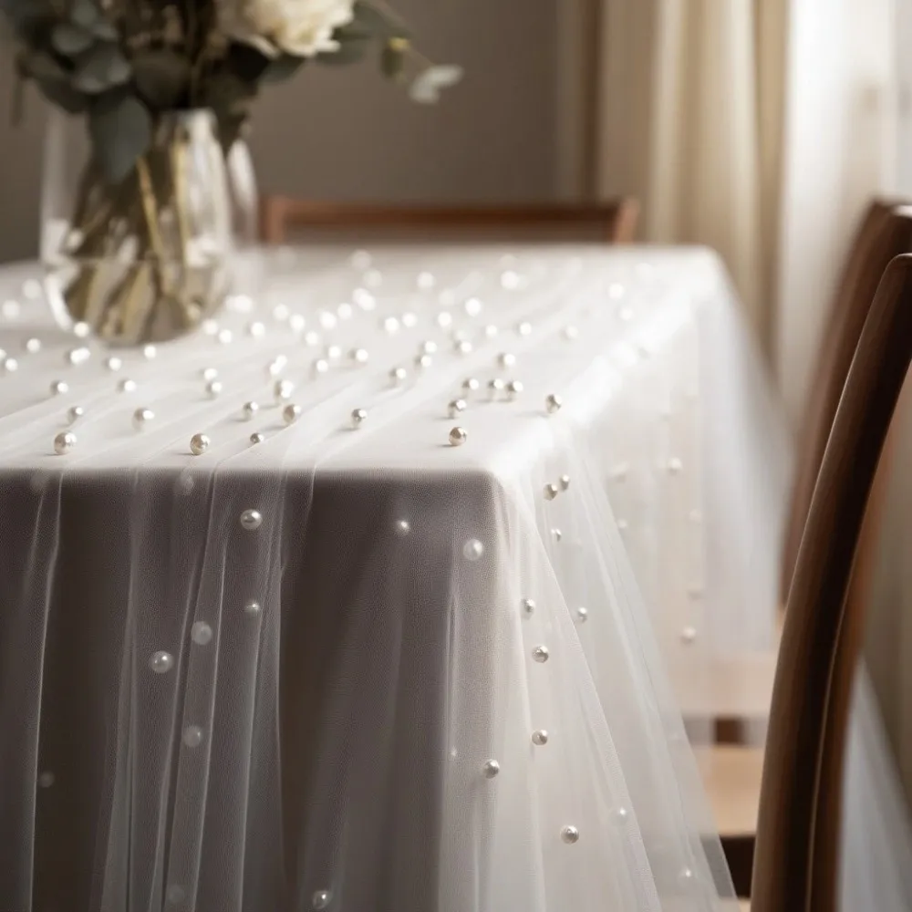 0.75*3 Meters Table Flag Pearl Tulle Gauze Mesh Pearl Chiffon Semi Transparent Sheer Drapes Wedding Arch Drapes Baby Shower