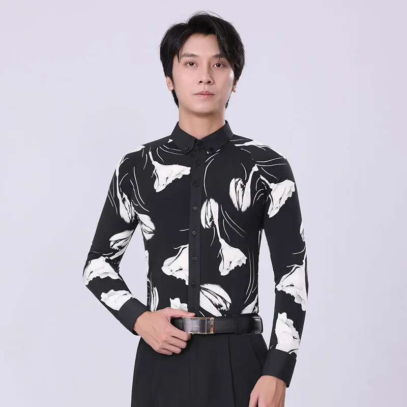 Doubl Men\'s High-end Moden Top Ballroom Shirt Long Sleeve Waltz Dance Dress Latin Dance Competition top dancewear latest designs