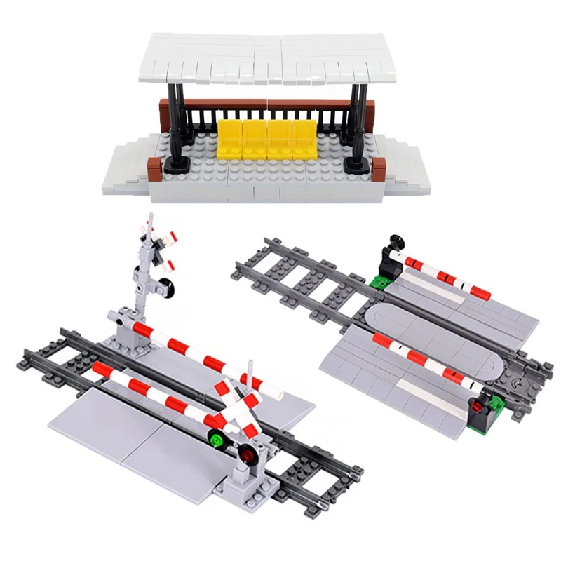 MOC City Trains Railway lifting rod train waiting booth railing aisle DIY Building Block Bricks Track Toys For Children