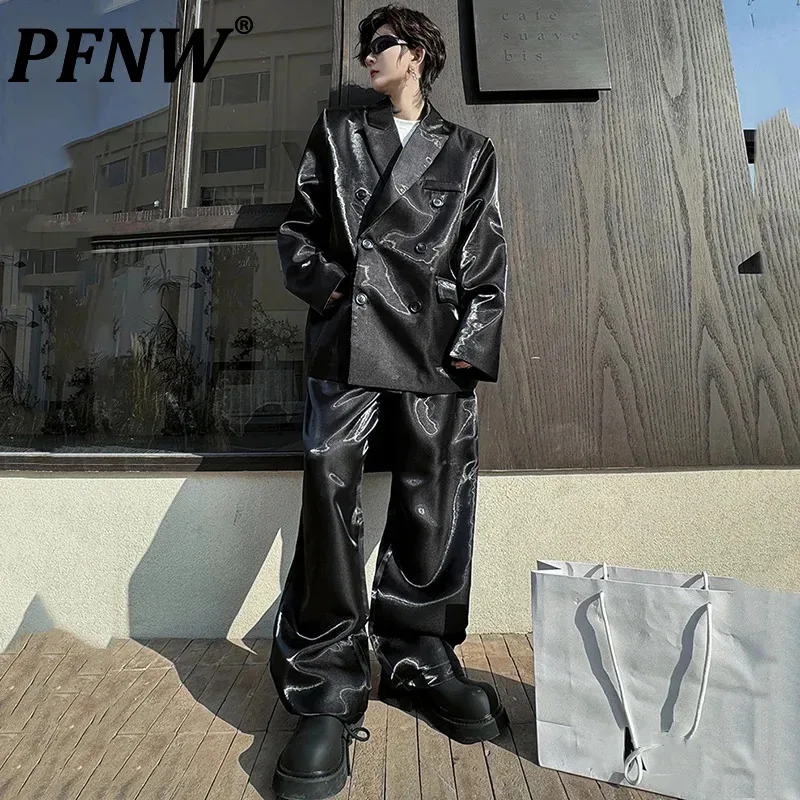 

PFNW High Street Two-piece Male Suit Double Breasted Turn-down Collar Blazer Bright Surface Men Wide Leg Pants Autumn Set 9C4559