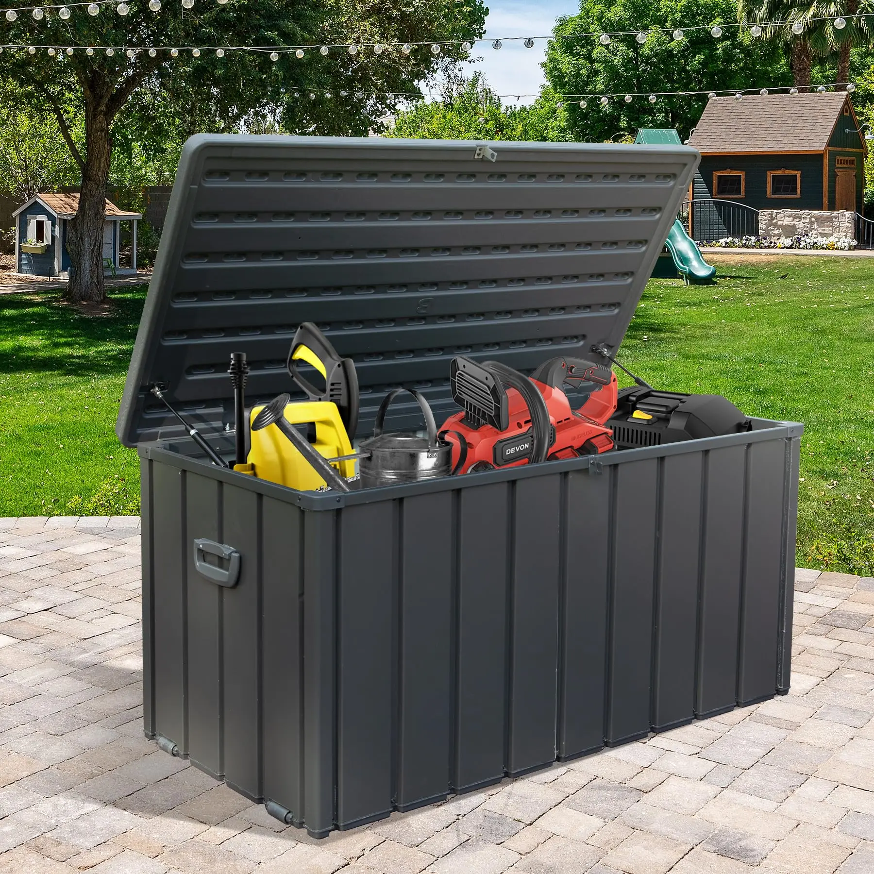 Domi 120 Gallon Deck Box, Outdoor Metal Lockable Storage Cabinet with Resin Lid, Waterproof Steel Outdoor Bench with