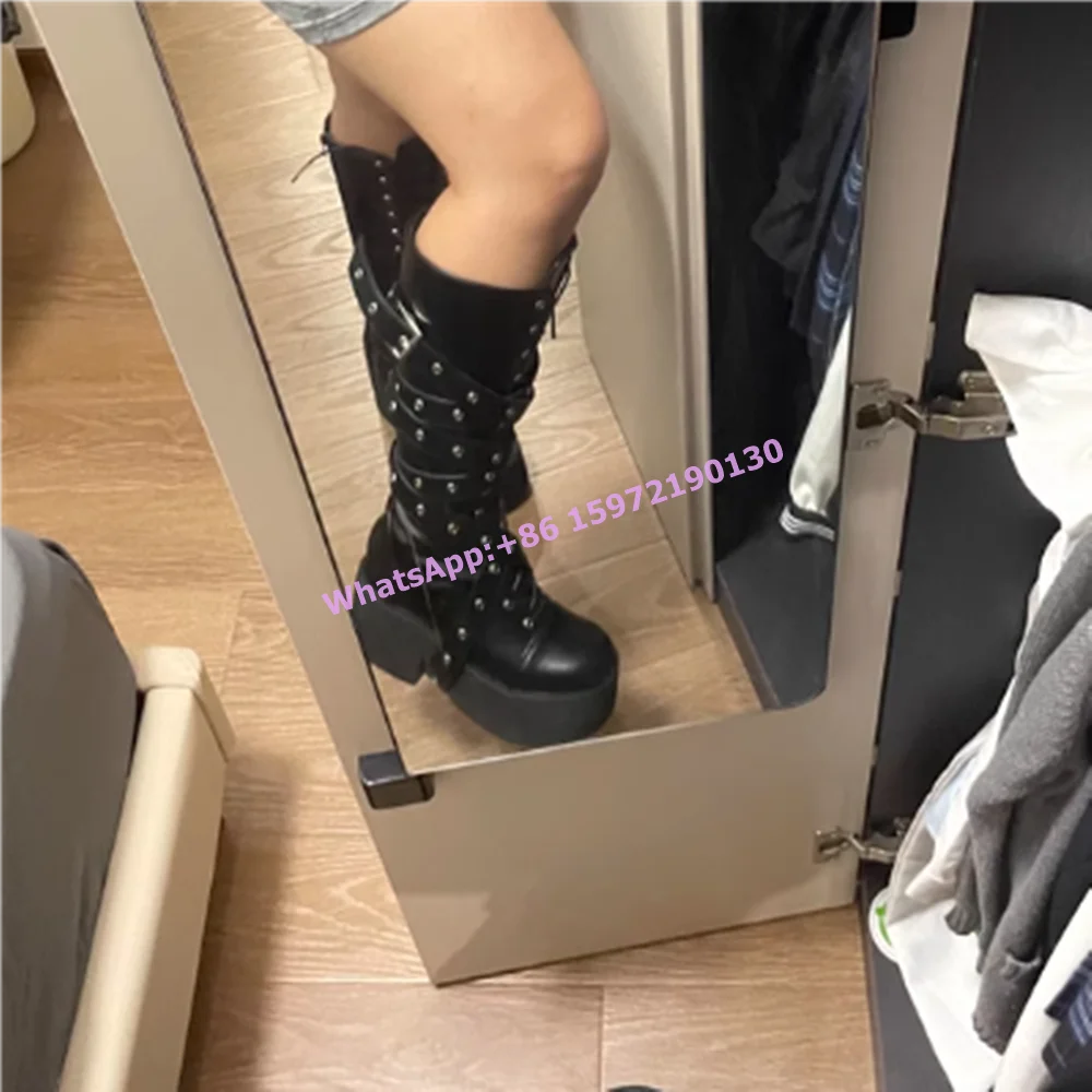 Cross Belt Platform Long Boots Round Toe Thick Soled Black Cross Tied Buckle Dark Punk Shoes Women's Gothic Knee High Boots