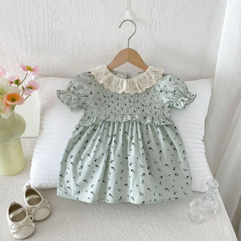 

2026 Summer New Girls Short Sleeve Floral Dress Cute Baby Girl Sweet Lace Collar Princess Dress Cotton Toddler Clothes