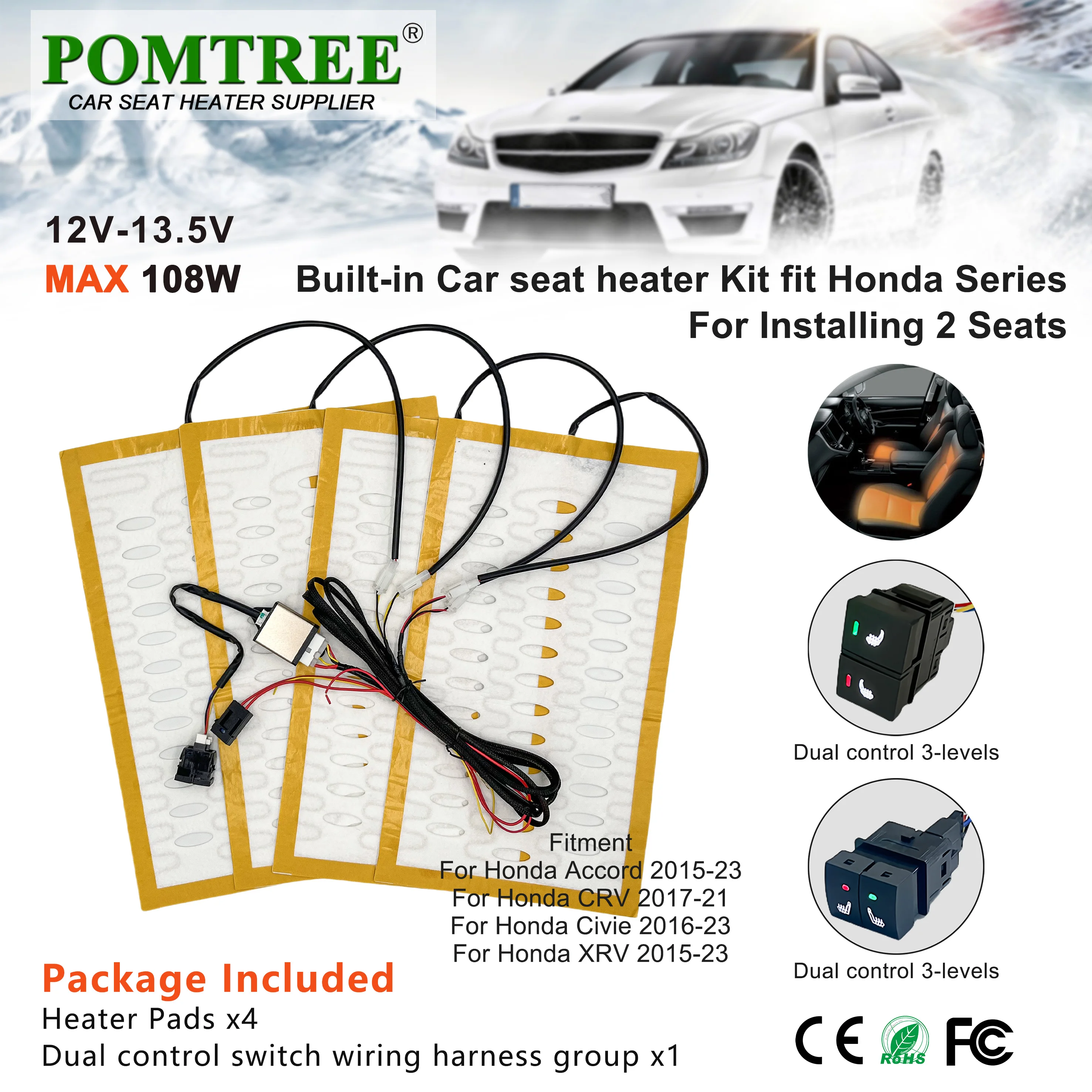 

108W Built-In Car Seat Heater Kit Fit 2 Seats,12V Alloy Wire Heating Pads Memory Mode Control Switch Suitable for Honda Accord