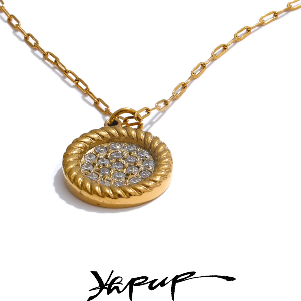 Yhpup Prachtige roestvrijstalen glanzende zirkonia ronde ketting hanger 18K goudkleur PVD vergulde chique sieraden dagelijks cadeau