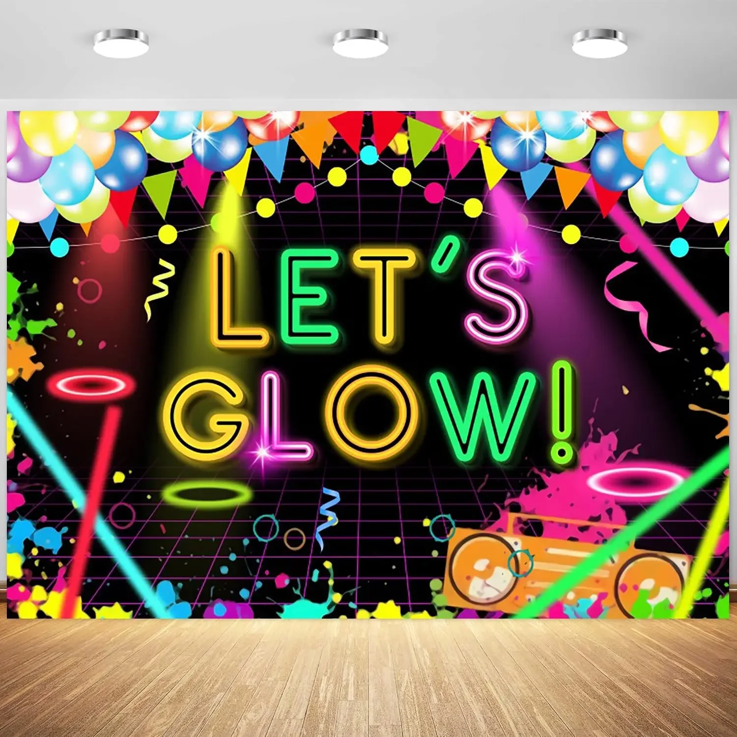 Lets Glow Backdrop Neon Glow in The Dark music disco Birthday Party Portraits photo background photography backdrop