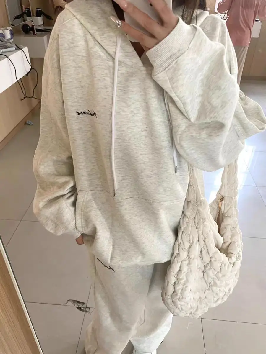 

Осень/зима, женская корейская студенческая толстовка из чистого хлопка с капюшоном и спортивные штаны, свободный крой, облегающий повседневный комплект из двух предметов